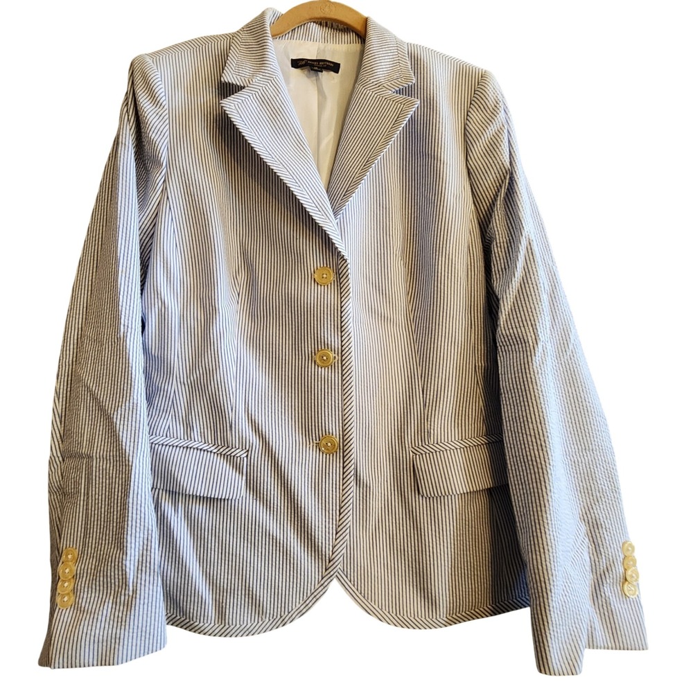 Brooks Brothers Blazer Women 14 Blue White Seersucker Classic Fit Striped 346